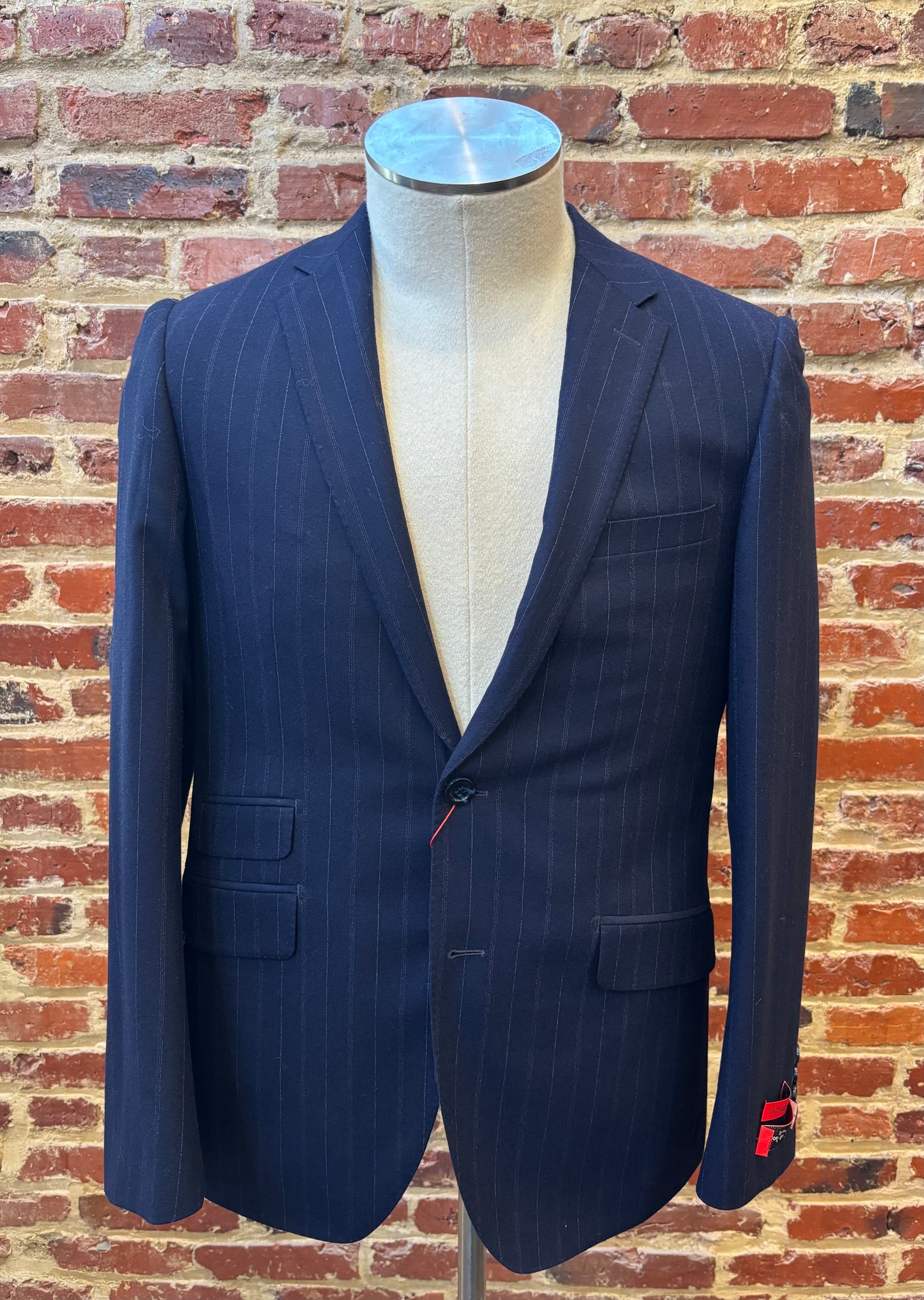 Wide striped navy blue suit