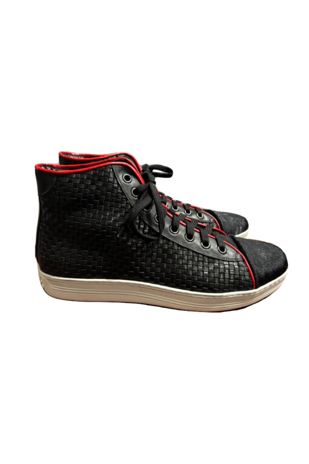 Black & Red Woven Leather and Suede High Top Sneakers