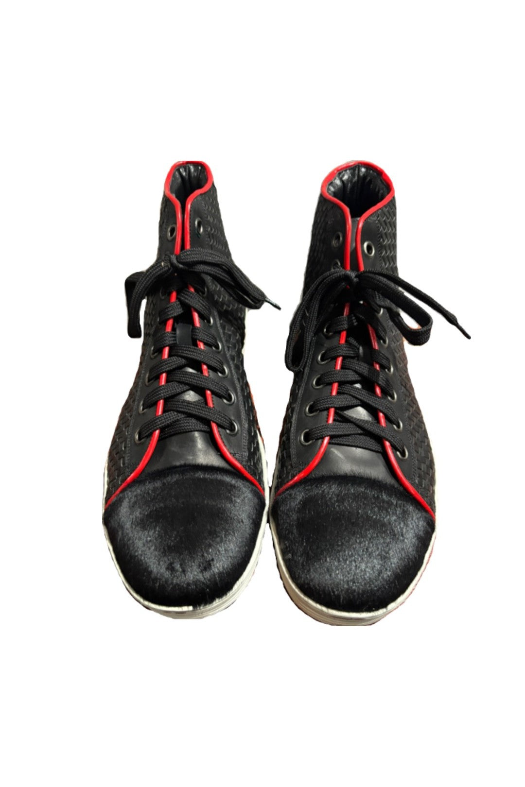 Black & Red Woven Leather and Suede High Top Sneakers