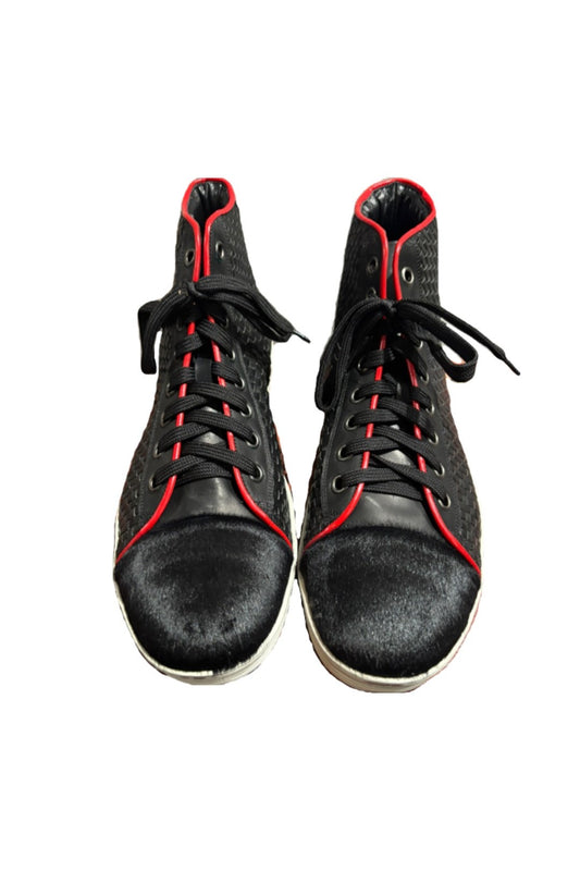 Black & Red Woven Leather and Suede High Top Sneakers
